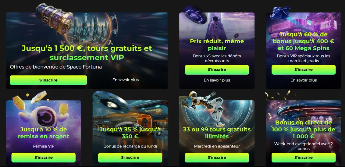 SpaceFortuna VIP offres de casino avec bonus, tours gratuits et récompenses VIP